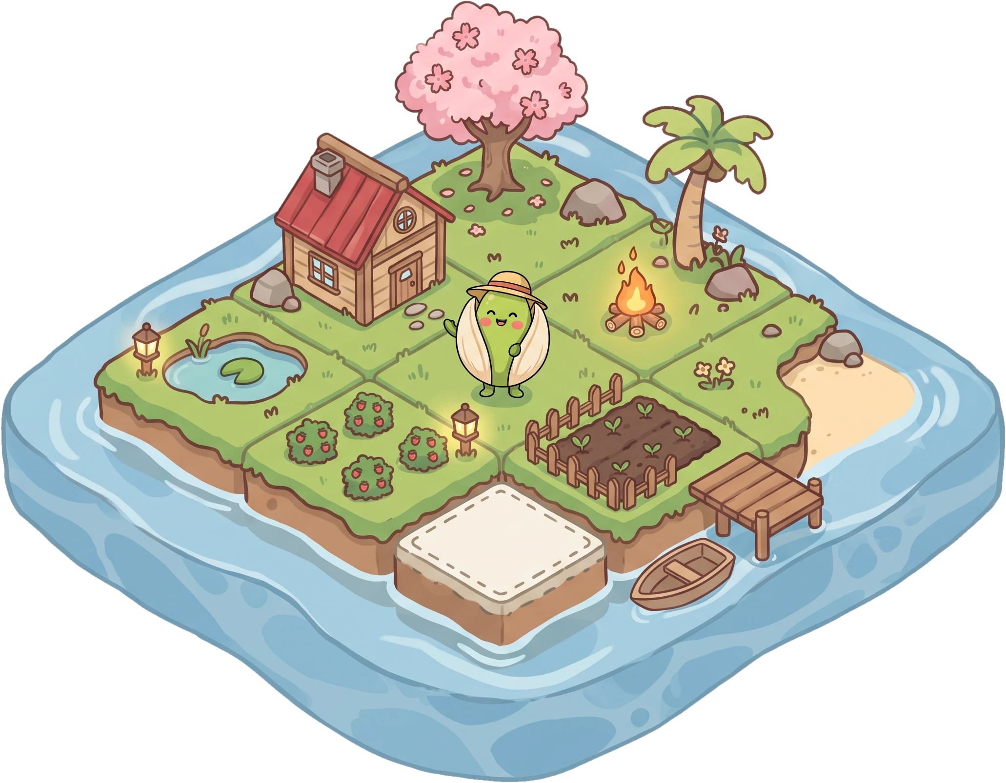 A built-out Brainripe island made of snap-together tiles: a cottage, cherry blossom tree, campfire, pond, veggie patch, dock, and the buddy in a straw hat, with an empty tile ready for the next block