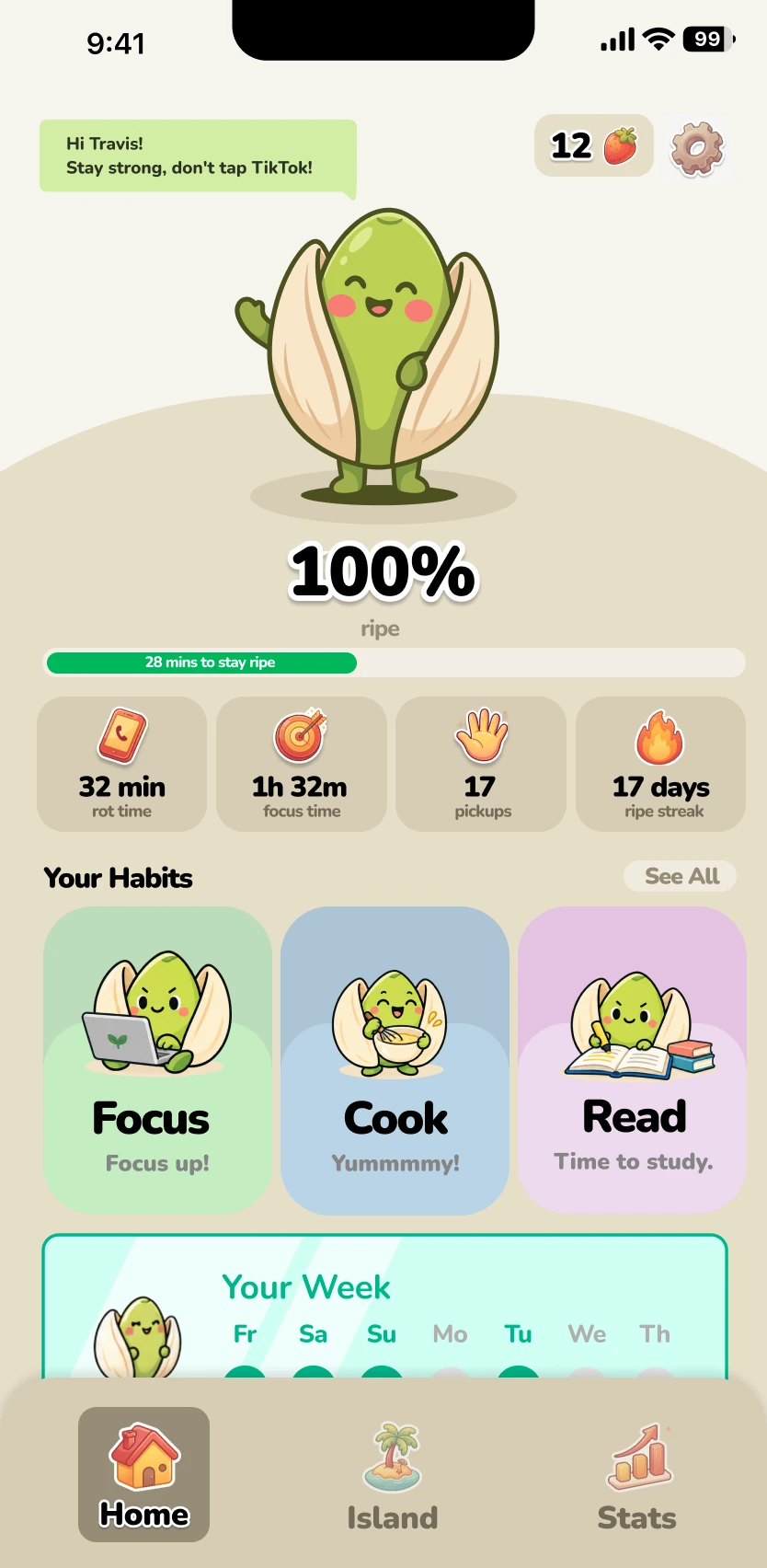 Brainripe screen time app home screen: the buddy at 100% ripe, with daily rot time, focus time, pickups, and streak